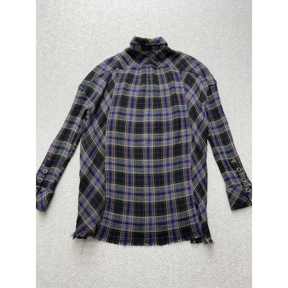 Free People Shirt Womens XS Purple Plaid Button Front Frayed Hem Tunic‎ Top
